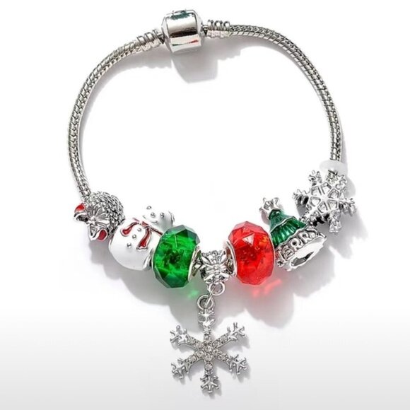 Christmas Charm Bracelet Barrel Charms Multi Color Dangle Glittering Snowflake - Picture 1 of 16